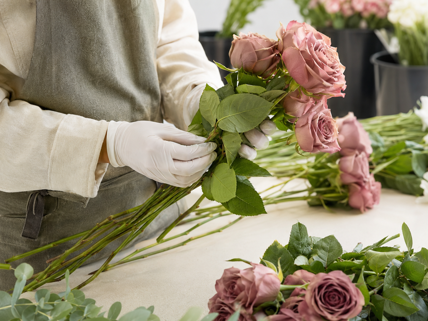Careful hands inspecting and conditioning fresh rose stems