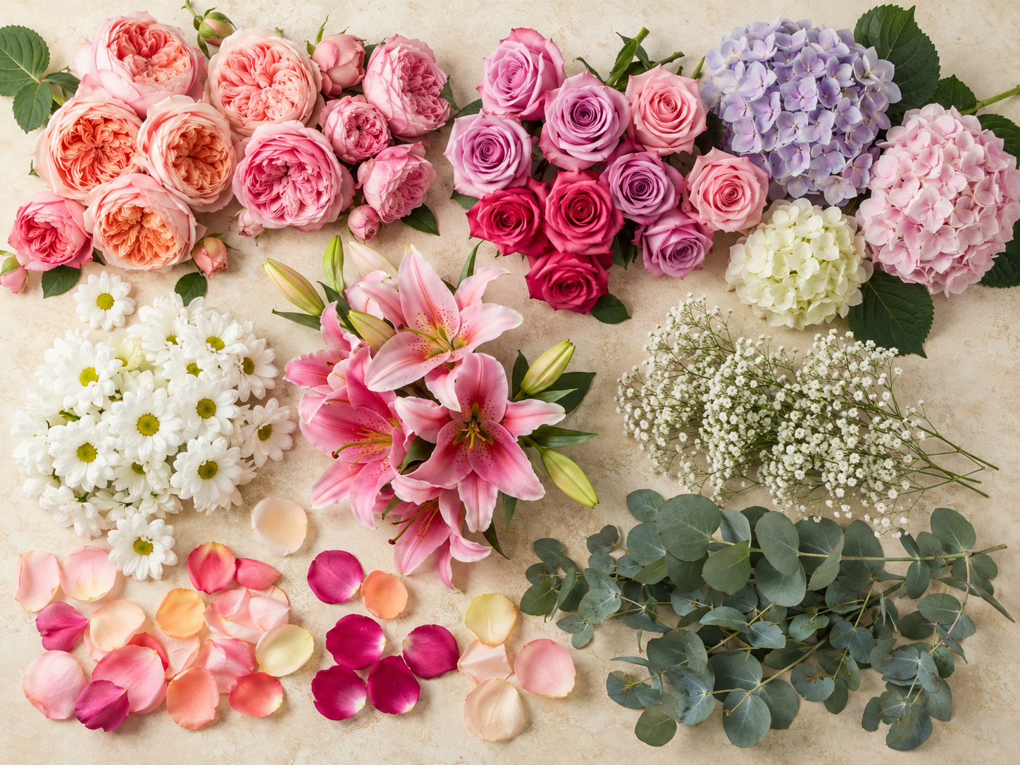 A colorful assortment of premium roses, hydrangeas, lilies, baby’s breath and greenery